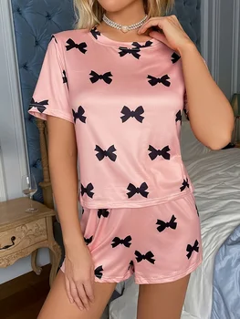Women's new style pajamas set with bow print short-sleeved top and shorts two-piece casual home wear