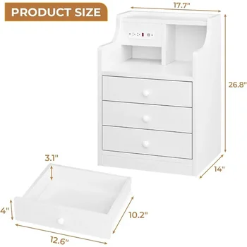 Nightstand with Charging Station, Night Stand with 3 Storage Drawers, Bedside Table with Hutch, Modern End Side Table for 2