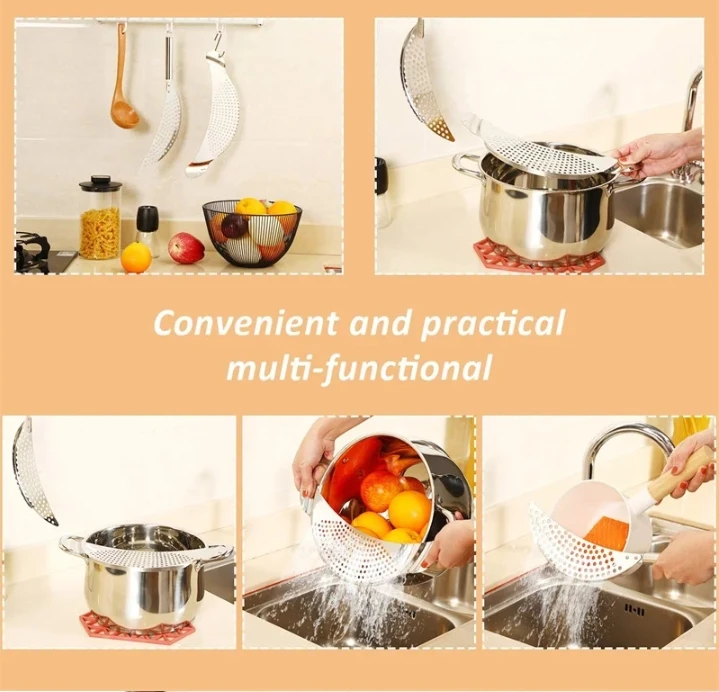 Description Picture 6 of itemPan Pot Strainer Stainless Steel Pasta Spaghetti Practical Draining Tool Pot Strainer Pan Drainer for Home Kitchen Easy Draining