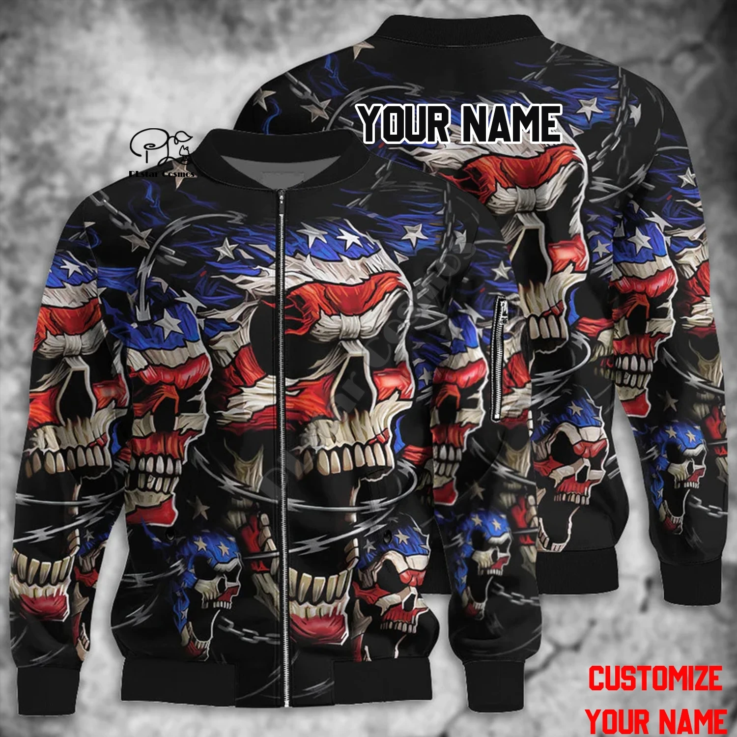 Halloween Series 3D Printed Horror Skull Customized Name Latest Unisex Winter Warm Zippered Flight Jacket Casual W-3