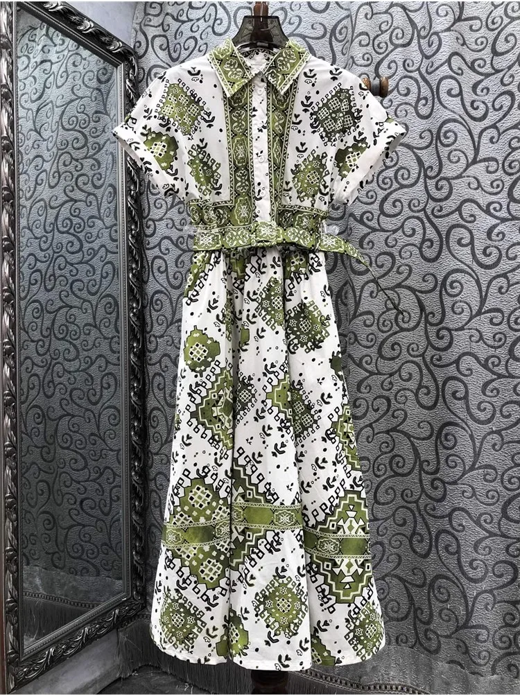 

Женское хлопковое платье с поясом, винтажное платье до середины икры с отложным воротником и цветочным принтом, платье с коротким рукавом, лето 100%