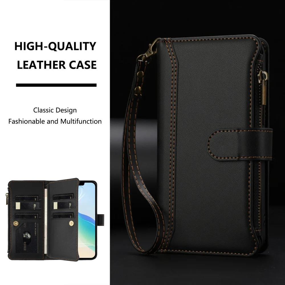 Leather Magnetic Zipper Flip Phone Wallet Case