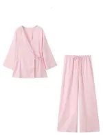 2024 Woman Trouser Set Solid V Neck Casual Kimono Style Lace Up Shirt Top + Elastic Waist Wild Women's Wide Leg Long Pant - Image 4