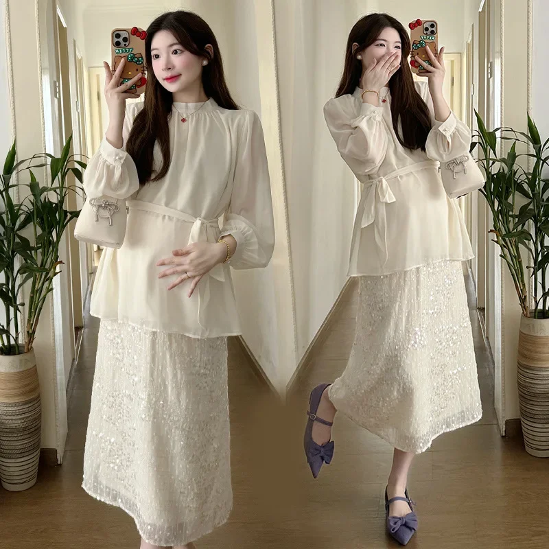 Maternity Ensemble Glittering Half-length Skirt And Slimming Shirt Two-piece Set Elegant Celebrity Style Maternity Wear