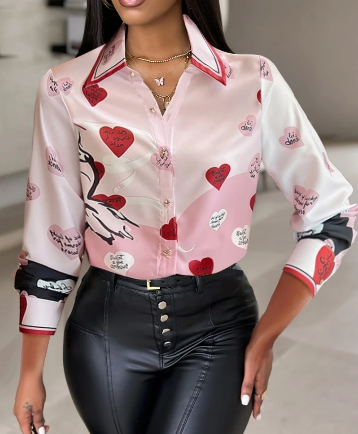 Woman Blouse 2024 Spring Fashion Colorblock Heart Letter Print Buttoned Casual Turn-Down Collar Long Sleeve Daily Shirt Top