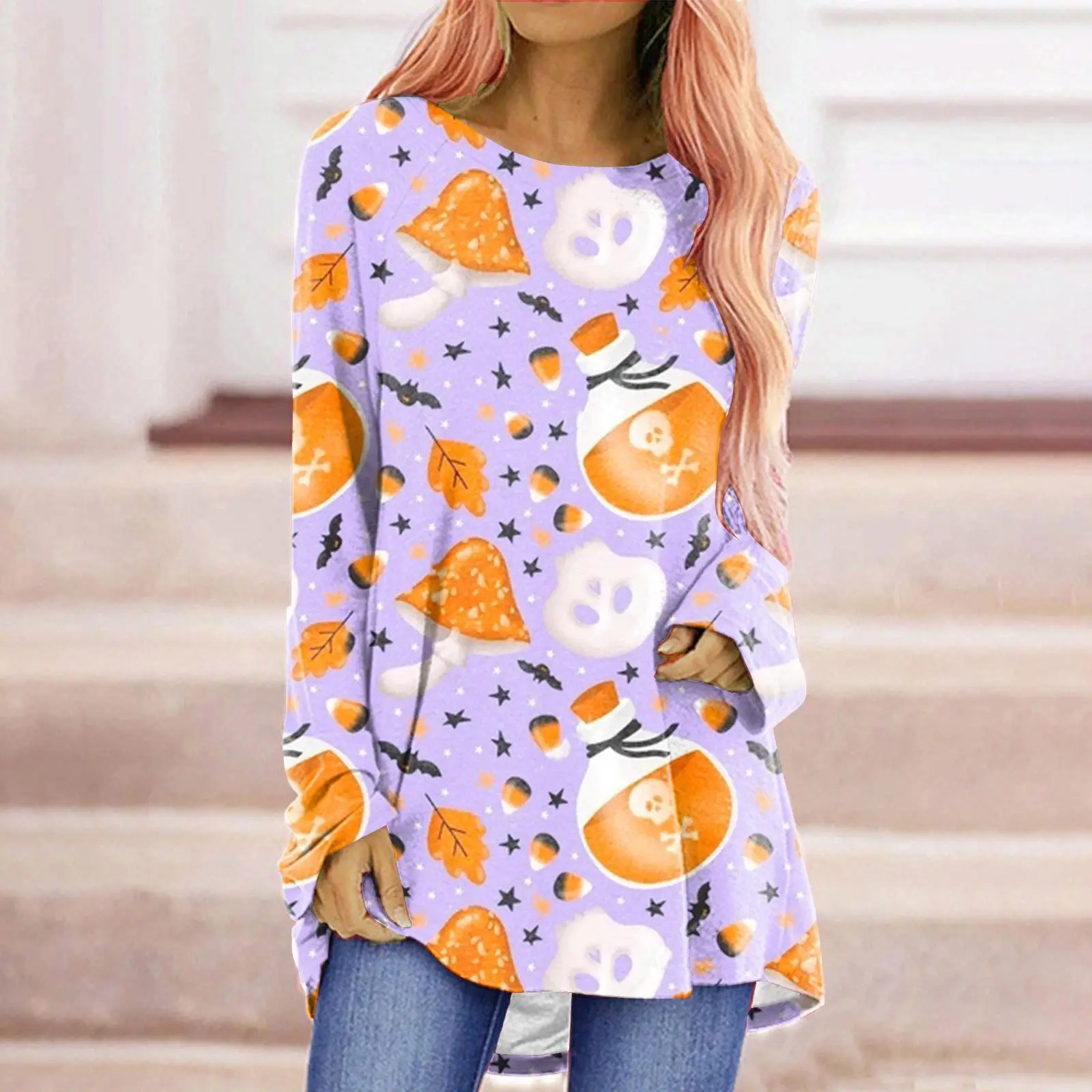 

Women's Spring/Autumn 3D Digital Printing Long Sleeve Round Neck Fashion T-shirts Casual Loose Top Halloween Tees Mujer S-5XL