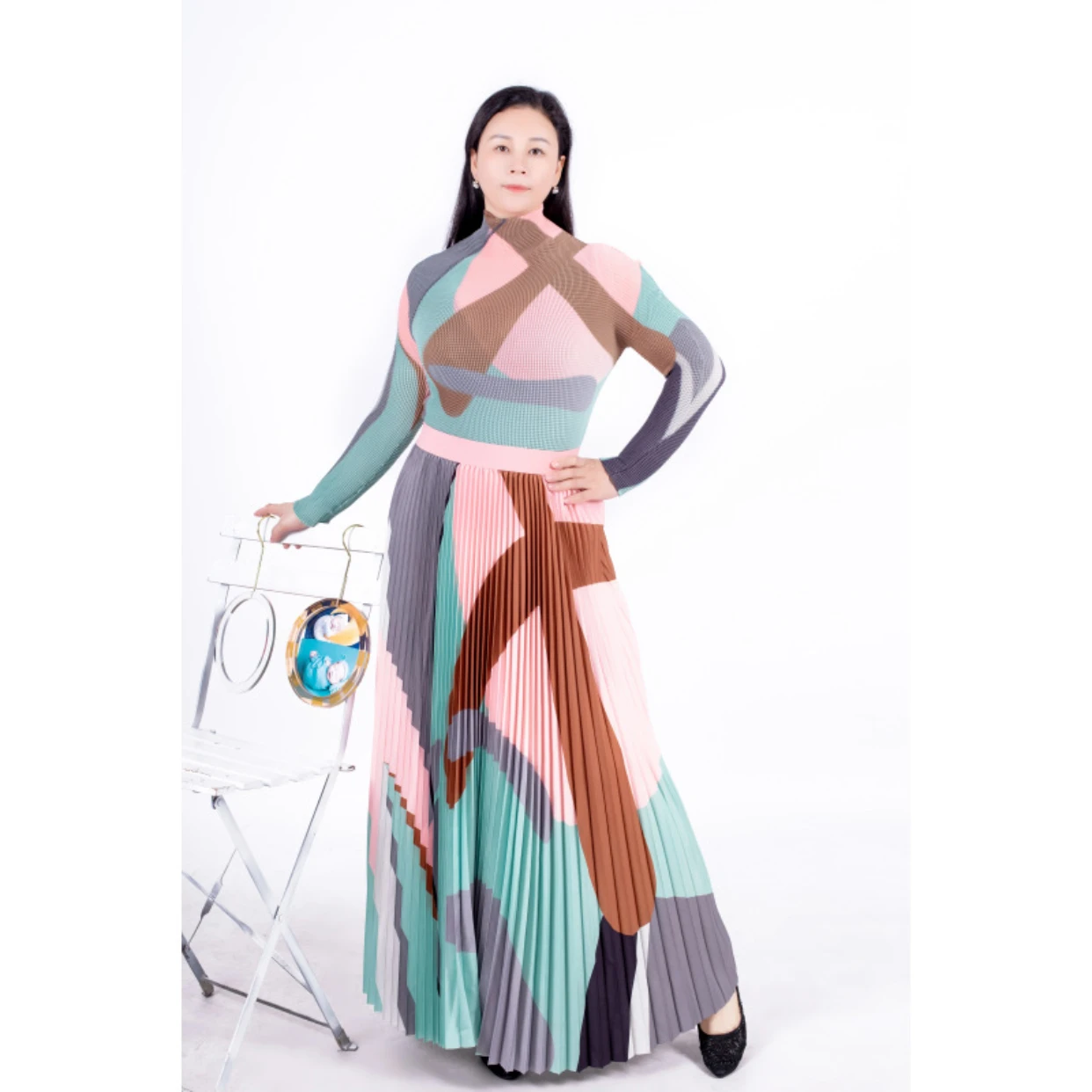 

YUDX Miyake Printed 2023 Spring Summer New Corn Fold Long Sleeve T-Shirt+Fashion High Waist Pleated Skirt Women's Set Two-Piece