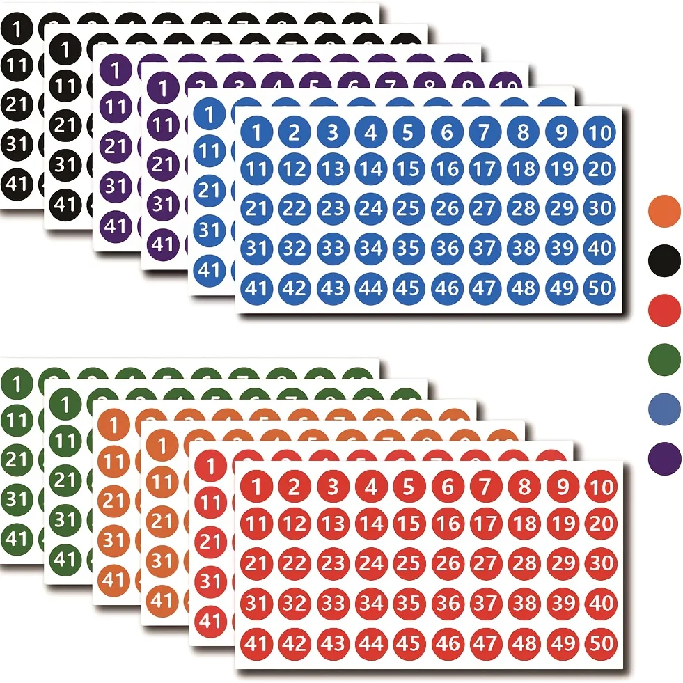 20장 연속번호 스티커 1-50 |   원형 컬러 라벨 2.54cm 자체 접착 비닐 숫자 데칼 (사무실, 재고용)