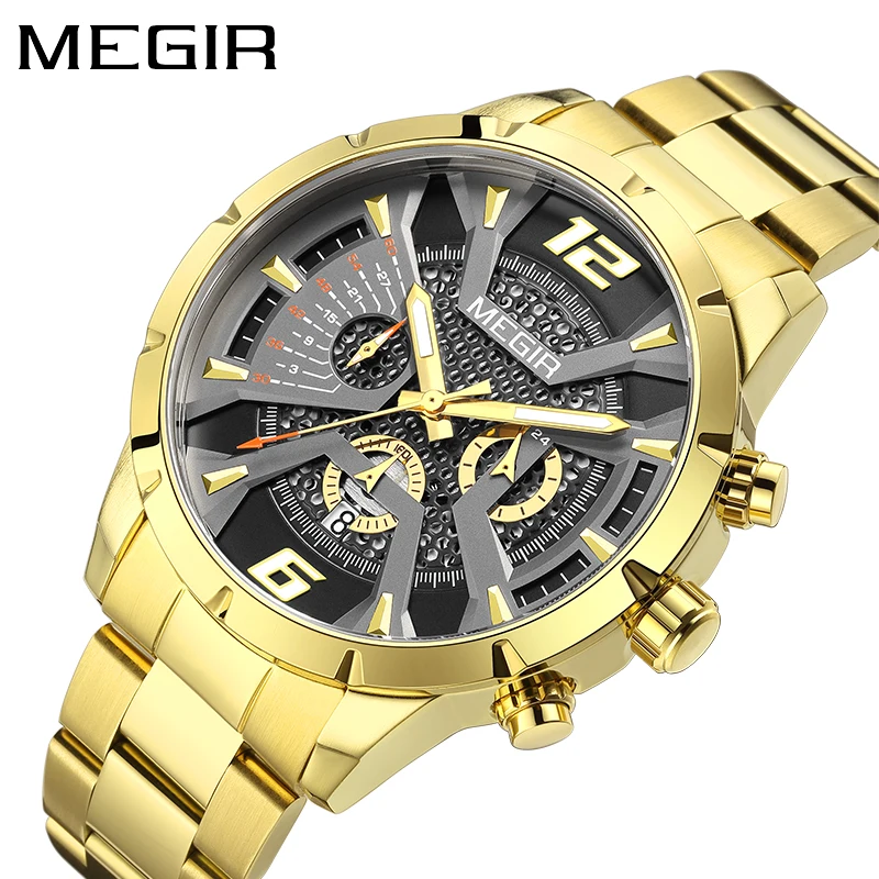 

MEGIR Luxury Gold Quartz Watch for Men Fashion Stainless Steel Strap Waterproof Luminous Chronograph Watches Relogio Masculino