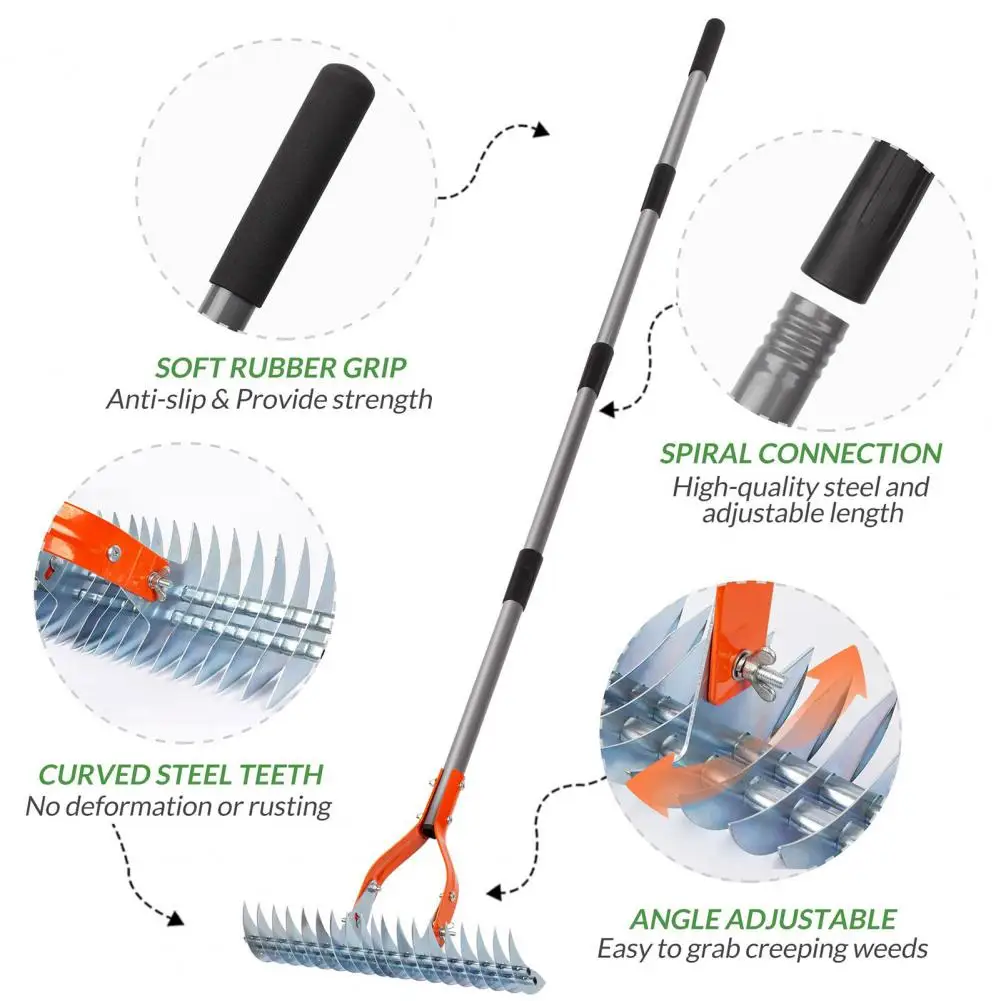 Weeding Steel Thatch Rake with Adjustable Double-Sided Rake Tine Detachable Long Handle Garden Grass Grooming Rake for Lawn 5