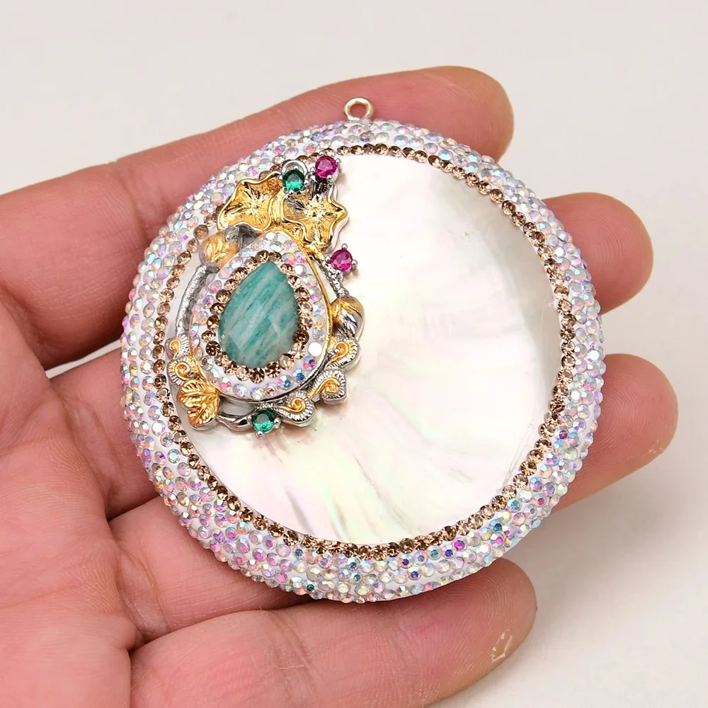 

2 Pcs 60mm Big Natural Mexico White Mabe Shell Pendant Amazonite Crystal Rhinestone Paved Edge Charms Jewelry Making DIY