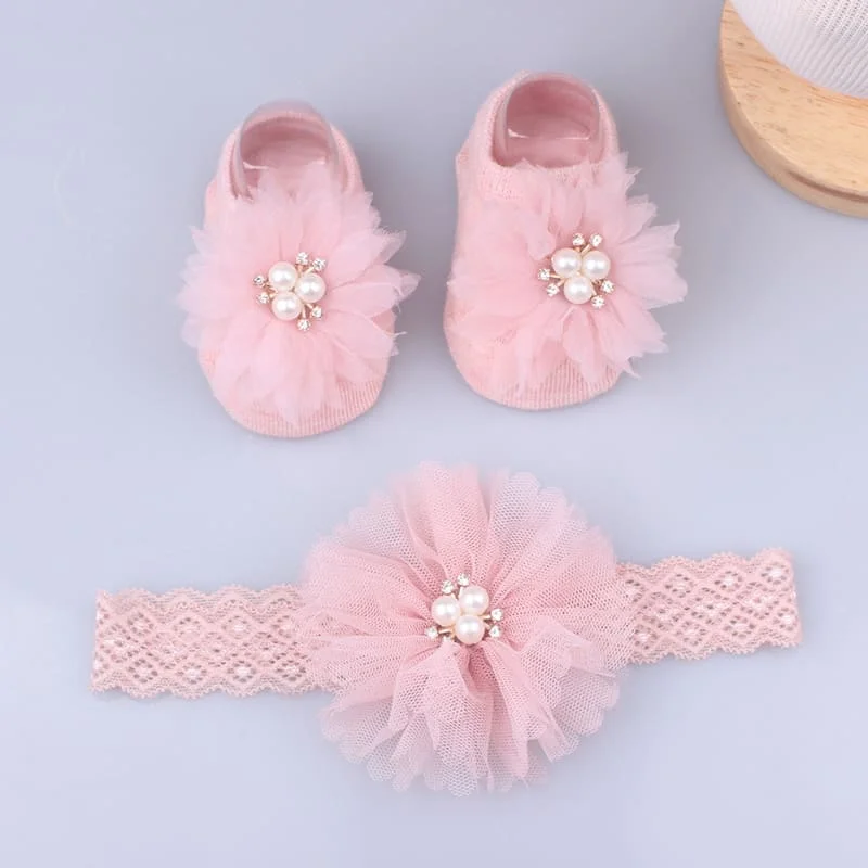 Baby Headband Socks Set Princess Newborn Headbands Hair Bands Girls Lace Flower Bows Turban Baby Hair Accessories 2 Pcs