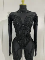Luxury Festivals Outfit Sparkle Diamonds Sequins Black Spandex Jumpsuit Women Eveing Birthday Party NightClub Bar Stage Costume - Image 5