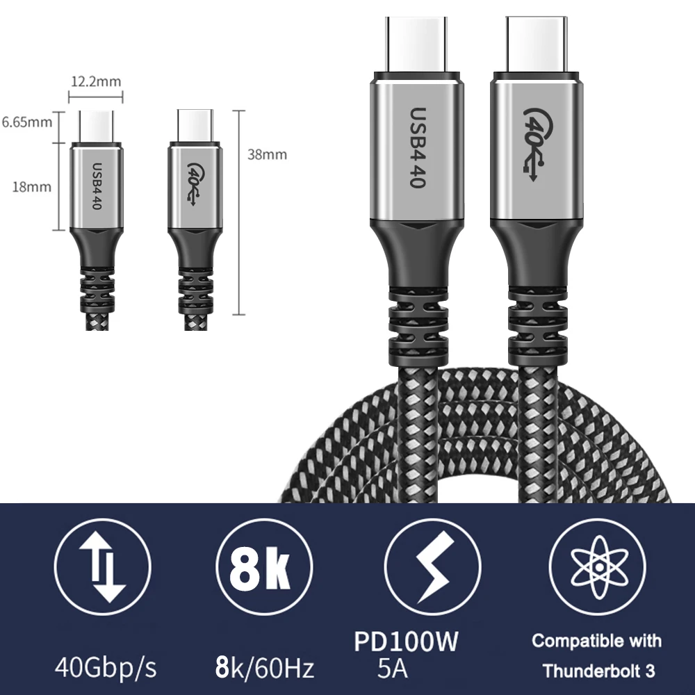 USB 4 cable Thunderbolt 3 cable 100W 3.1 Fast PD Cable E-mark 40Gbps 8K/60Hz for Macbook Pro USB Type C Charger Data Cable