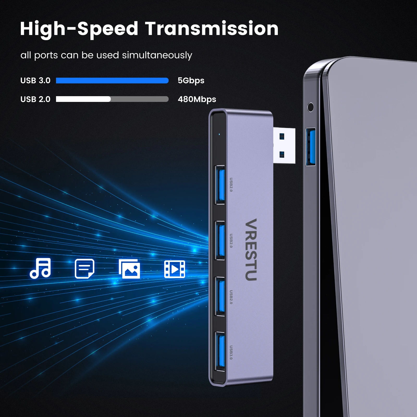 USB to 4 USB 2.0 3.0 HUB Multi Port OTG Expansion 4 in 1 Docking Station for PC Laptop Notebook Computer PC USB Data 5G Hi-speed 5