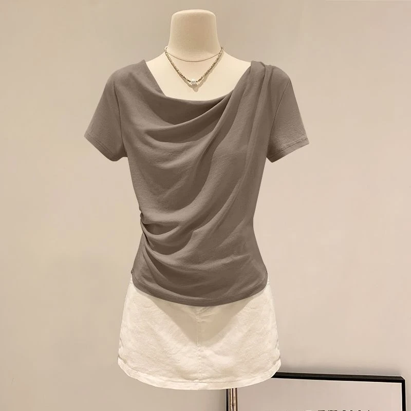 Summer Off Shoulder Top Women Summer Fashion Versatile Base Shirt Plus Size Slim Fit Short-sleeved T-shirt Casual and Sexy Beach 3