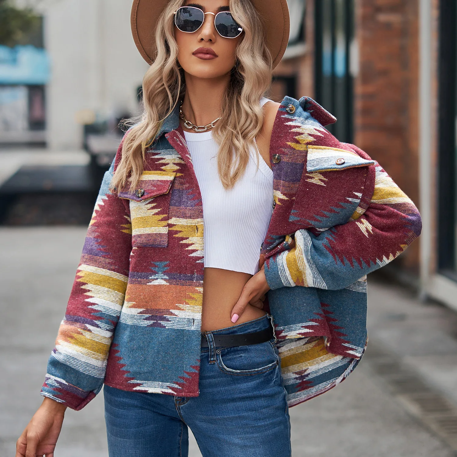 Women Wool Coats Blends Coat Casual Geometric Print Turn Down Collar Y2k Streetwear Jackets Work Elegant Splice Jacket 2025 - 2