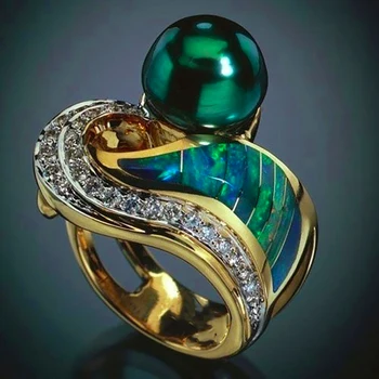Unique Design Green Beads Rhinestone Gold Color Ring for Women 2024 New Exquisite Elegant Ladies Wedding Party Premium Jewelry