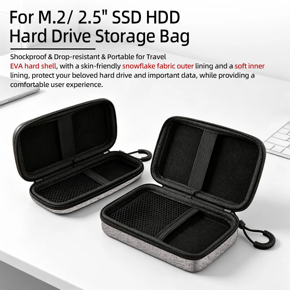 For M.2/2.5" SSD HDD Hard Drive Storage Bag Eva Hard Shell with Snowflake Fabric Outer and Soft Inner Data Protecter Shockproof