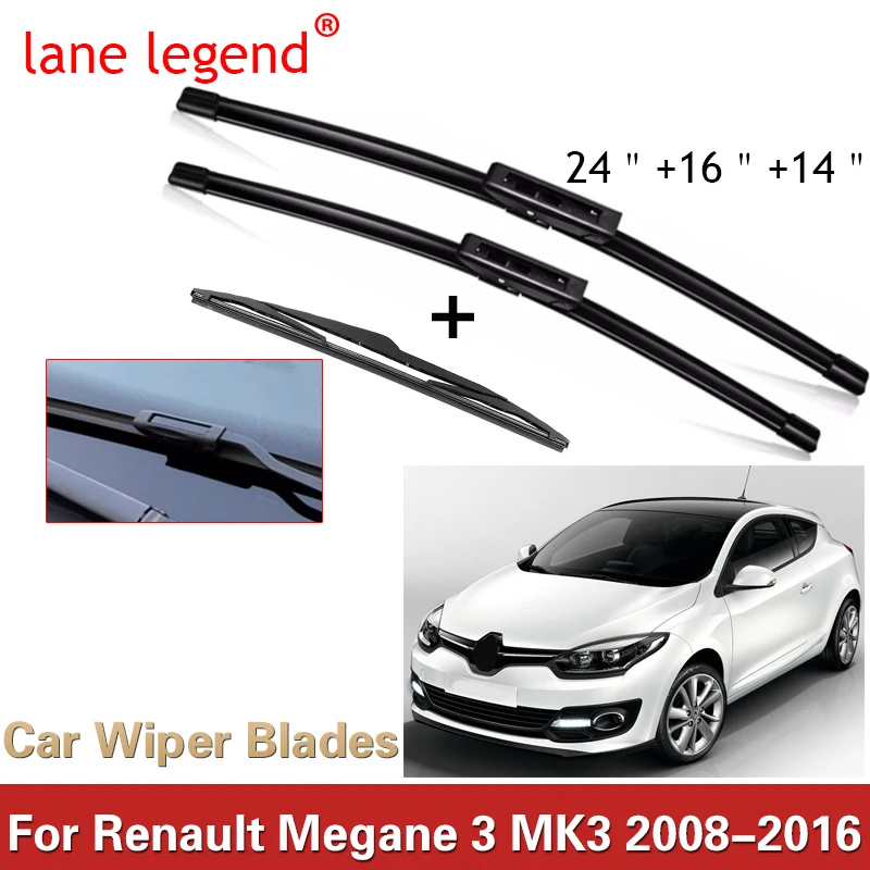 Car Front Rear Wiper Blades For Renault Megane 3 MK3 2008-2016 Windshield Windscreen Window 24"+16"+14" 2010 2011 2012 2013 2014