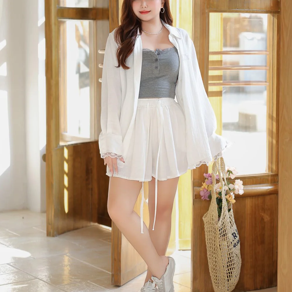 Women's Plus Size Lace Linen-like Loose Sun Protection Shirt & Casual Wide-Leg Shorts Set Premium Summer Breathable Outfit