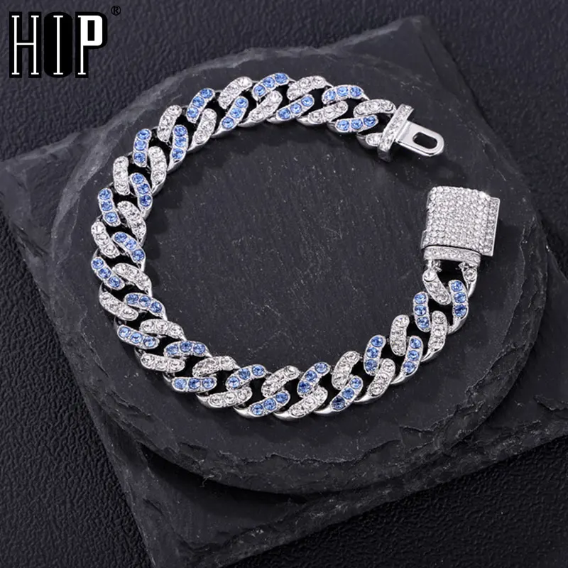 Hip Hop 11MM Bling Iced Out Silver Color Pink Blue Cuban Chain Full AAA Crystal Pave Men's Bracelet for Men Women Jewelry