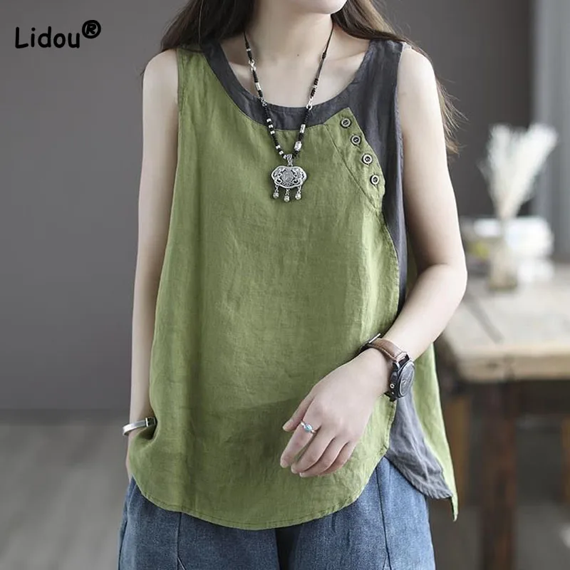 

Women's Vintage Loose Contrast Color Round Neck Tanks Summer Fashion Button Spliced Casual Sleeveless T-shirt Female Clothing