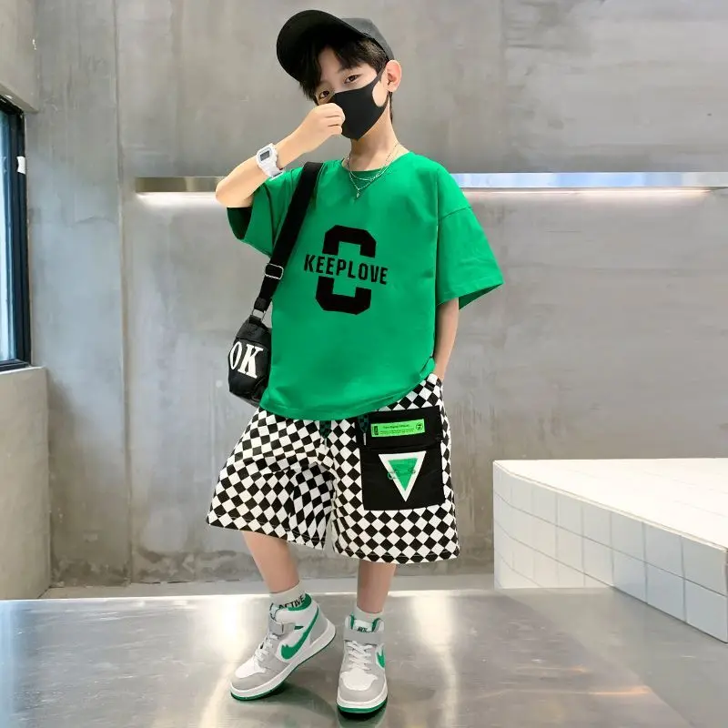 

2pc Cool Boys Clothes Set Summer Kids Short Sleeve Patchwork Shorts Sport Casual Outfits Set with Pants for Teenage Boy Clothing