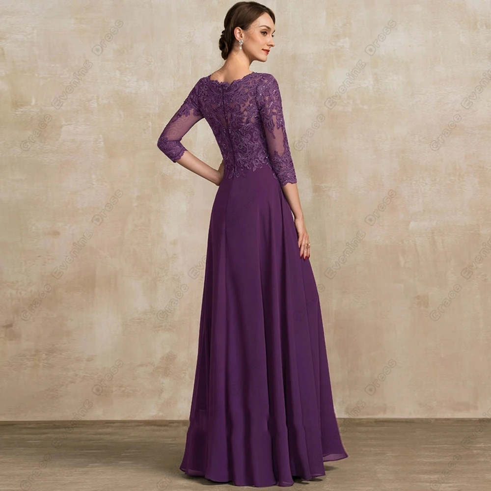 Purple Three Quarter Mother of Bride Dresses with Lace Chiffon Wedding Party Dresses Zipper Back Summer