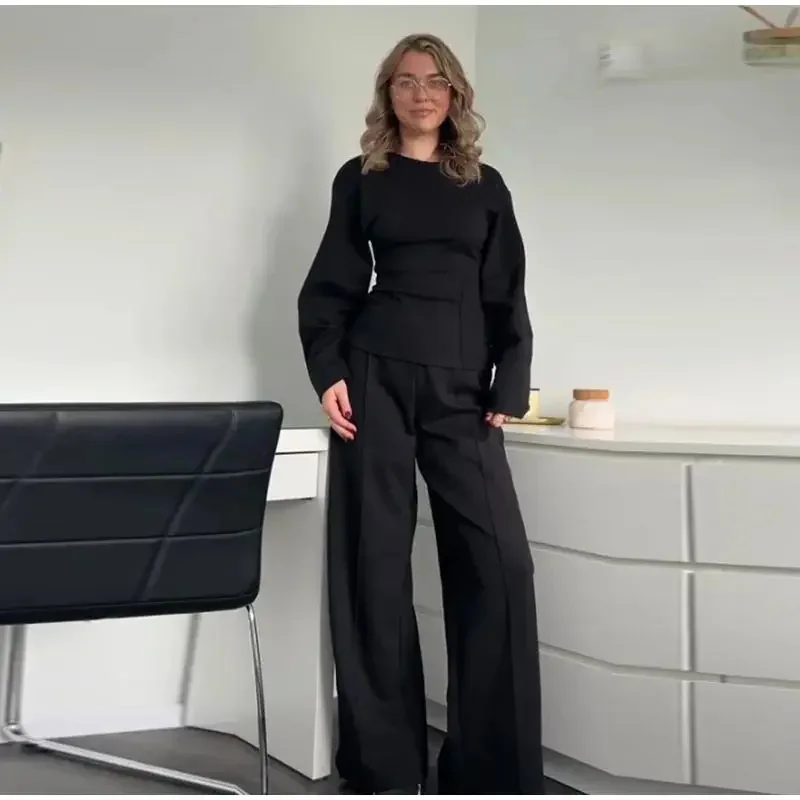 Frauen Kleidung Herbst frauen Mode Passenden Sets Lange ärmeln Oansatz Plissee Top Breite bein Hosen Anzug – Detail 2