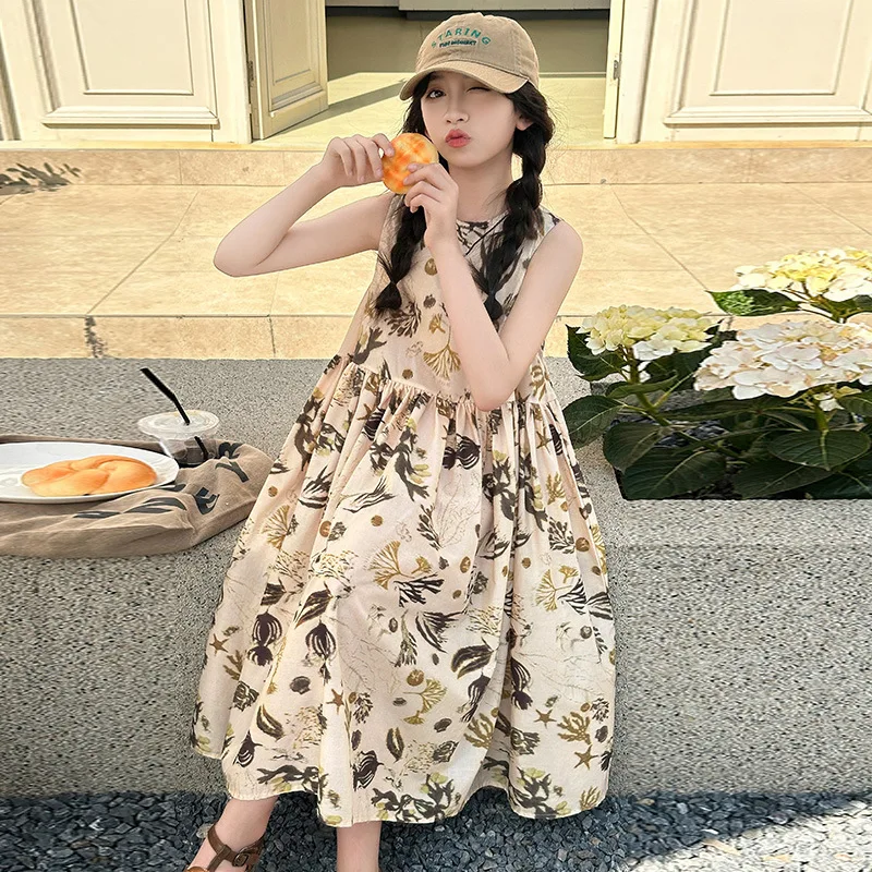 Teens Girls Summer Dress Sleeveless Stylish Floral Princess Dresses for Kids Casual Daily Beach Sundress Children Clothes