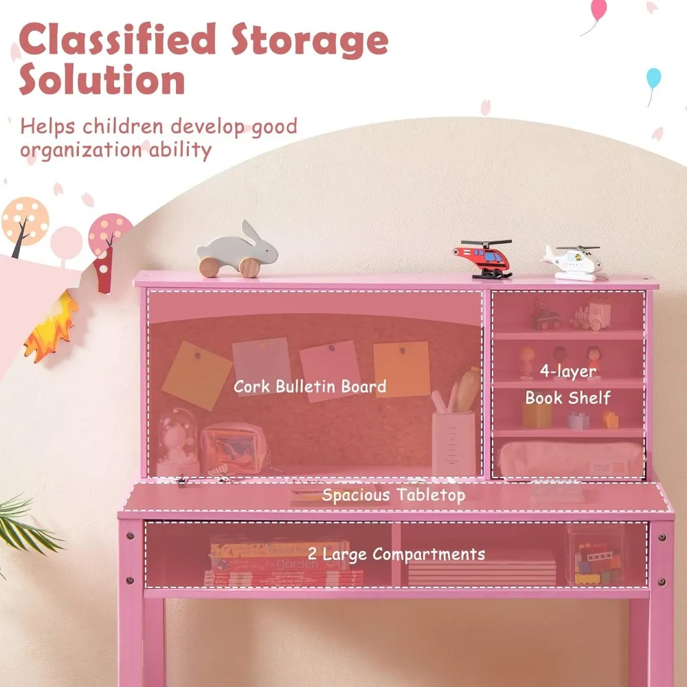 Kids Desk and Chair Set, Wooden Study Desk for Kids with Storage,Hutch, Cork Bulletin Board,Student Writing Computer Workstation 4