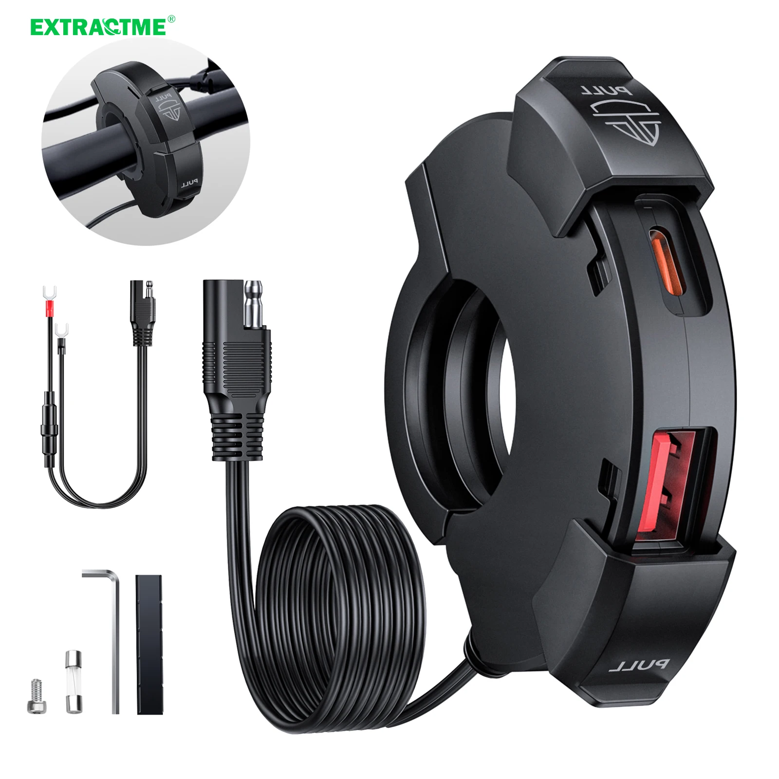 Extractme QC3.0 Motorcycle USB Charger 30W USB Fast Charger Waterproof Handlebar Mounting Bracket Charger for Bike Digital Camer