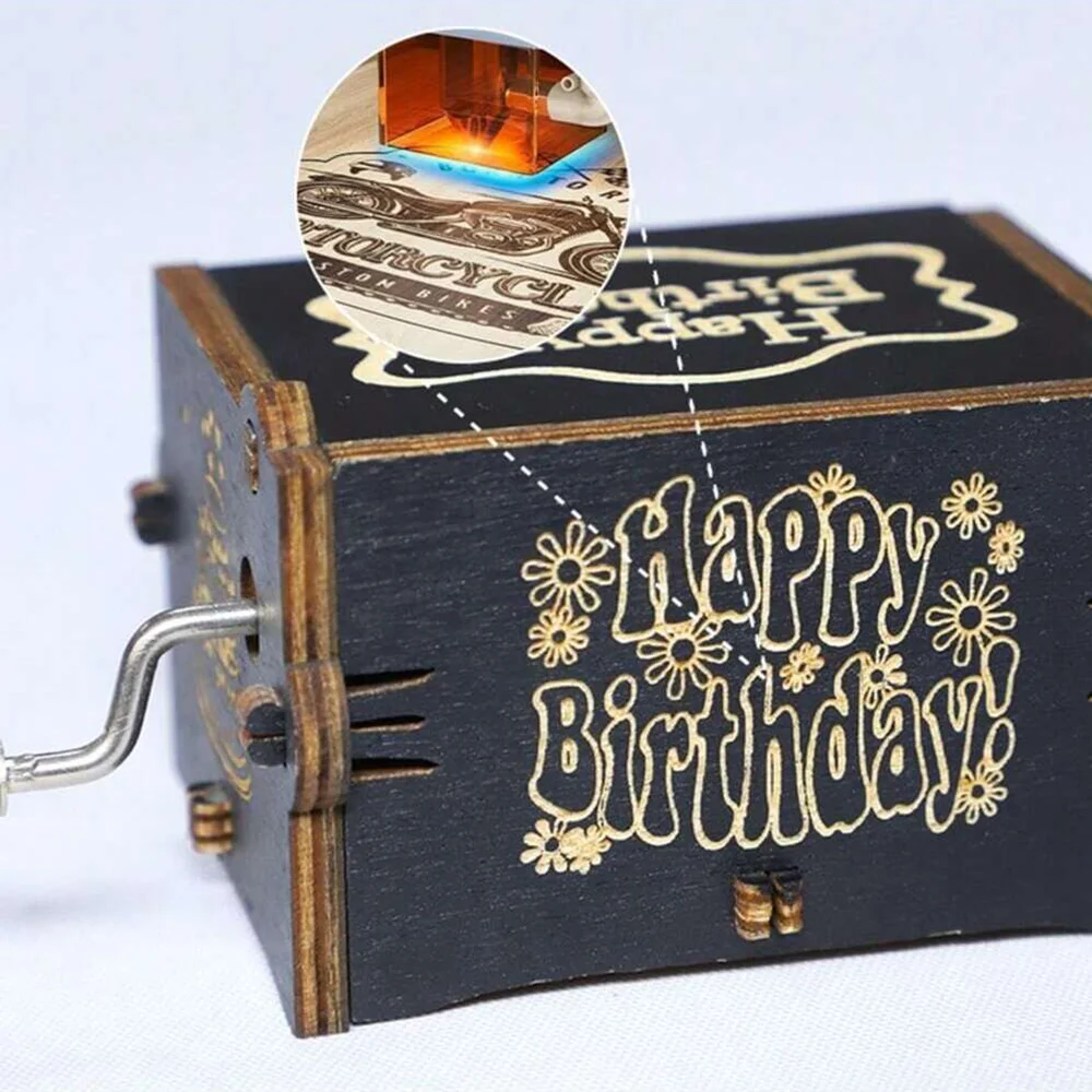 1pc, happy birthday hand-cranked music box custom creative painting, simple gift wooden music box for friends and family 3