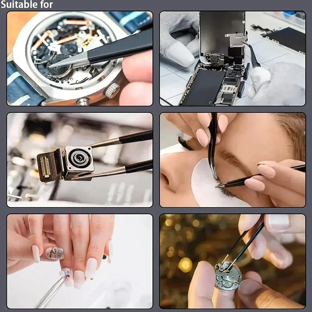 6-Pcs ESD Anti-Static Precision Tweezers Stainless Steel Tool For Electronic Repair Process Modeling Bending Curved Straight Tip