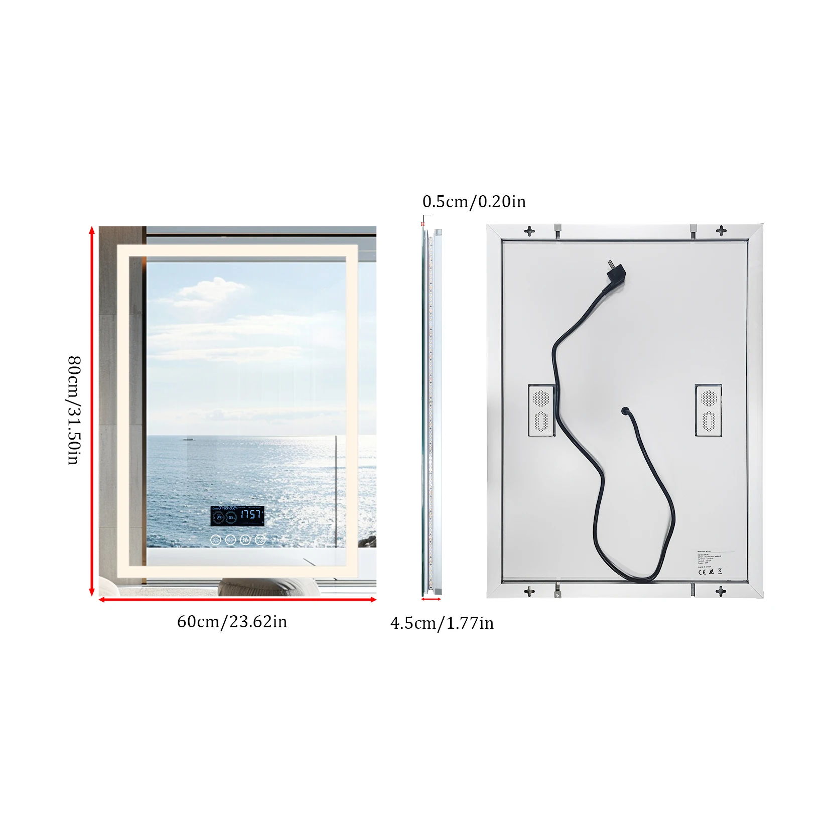 wisfor 24 x 32 LED Bathroom Mirror with Bluetooth Smart Display Screen,Touch Button 3 Colors Dimmable Light, Anti-Fog, Memory