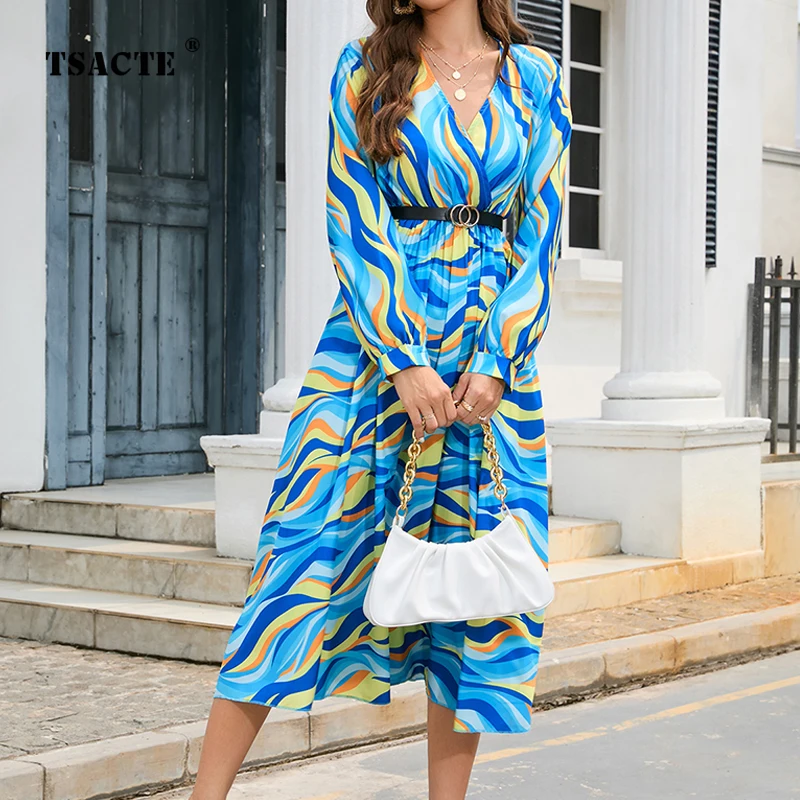 

Autumn and Winter 2022 New Pleated Print V-Neck Slim Women's Long Dresses Elegant Fashion Mid Waist Pleated Long Sleeve Dresses