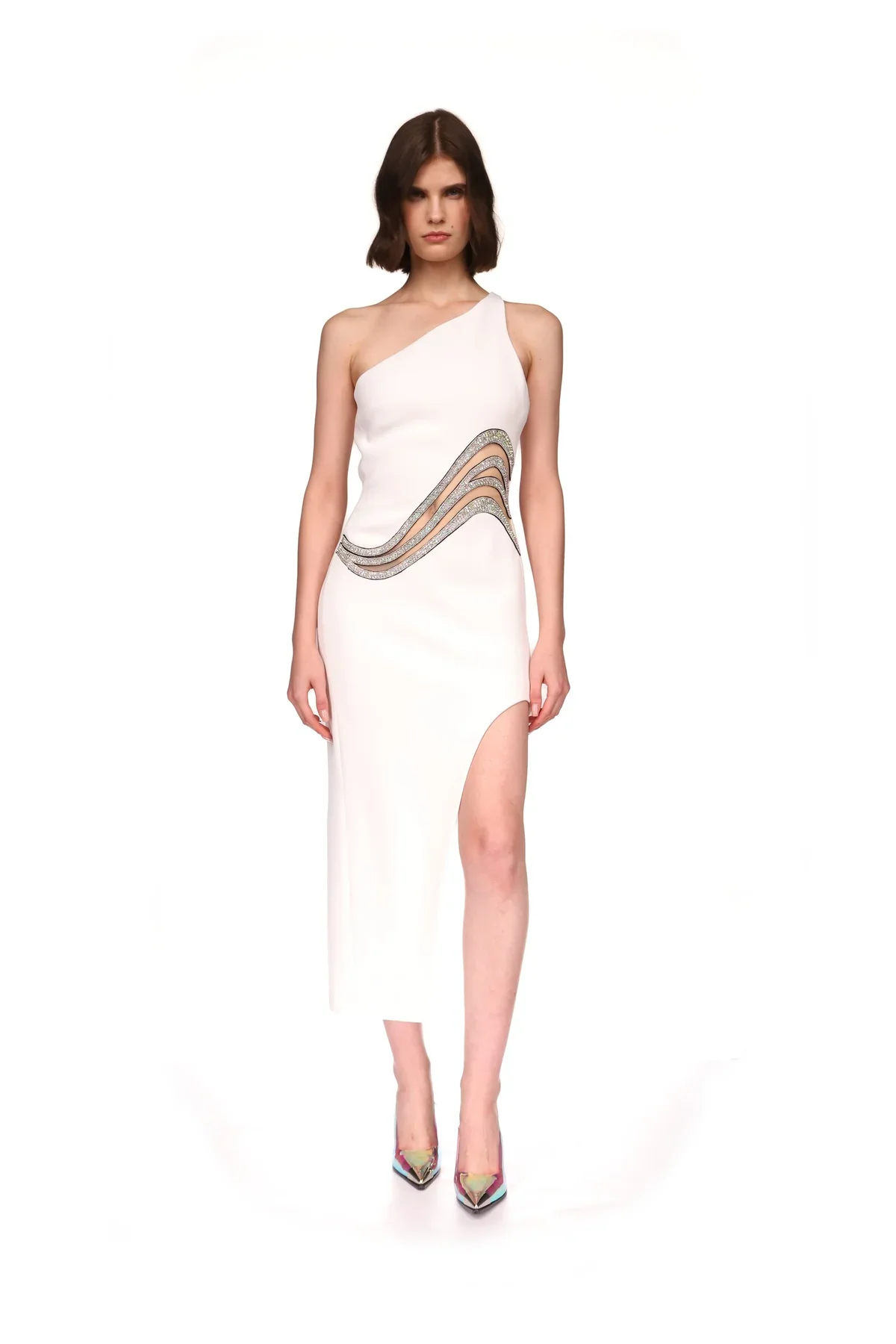 

Women Sexy White One Shoulder Sequins Bodycon Mid-calf Cut Out Bandage Fashion High Quality Runway Evening Party Dress Wholesale