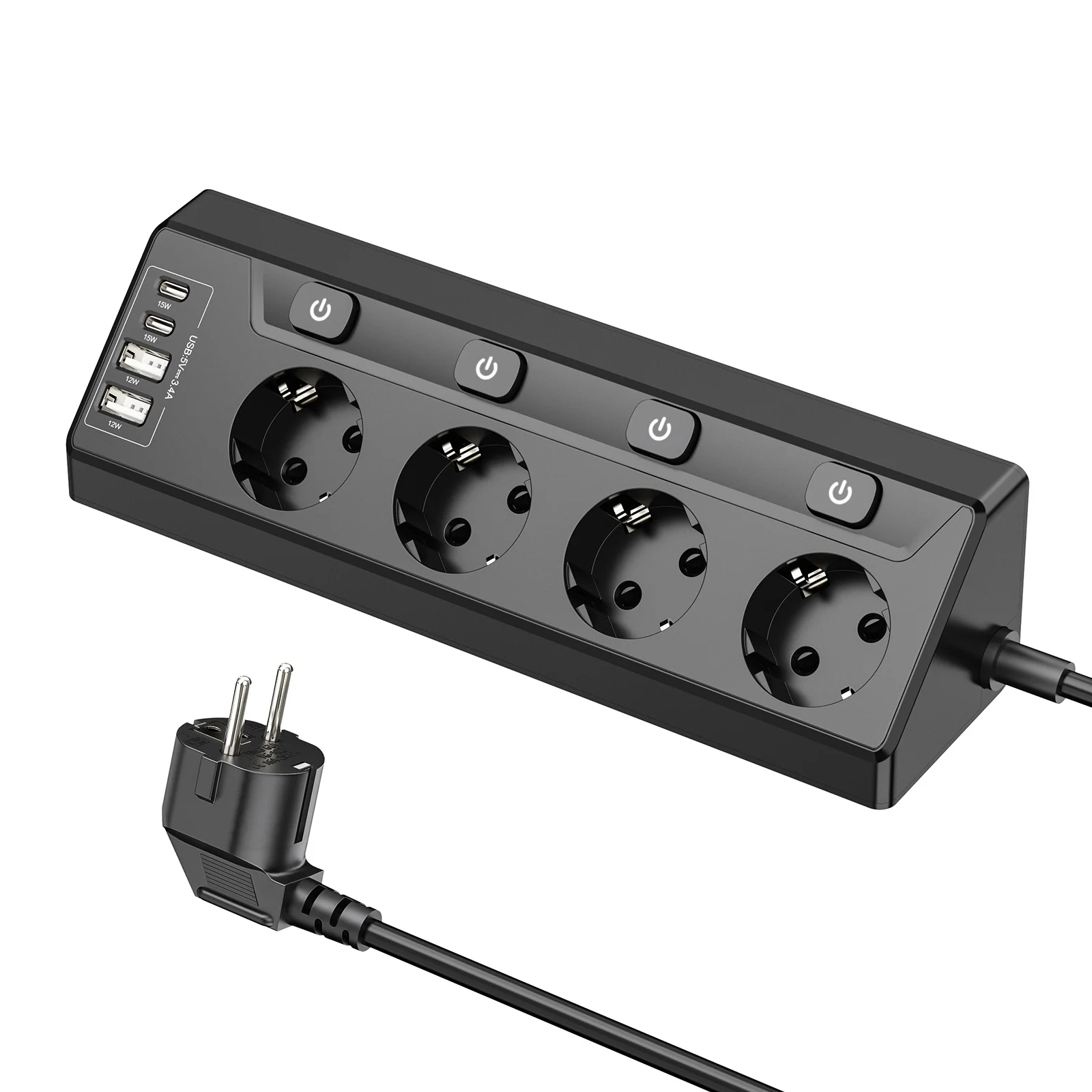 Enhanced Euro Multi-Plug Power Board with USB and Type-C Ports, Corner Sockets, and Surge Protection
