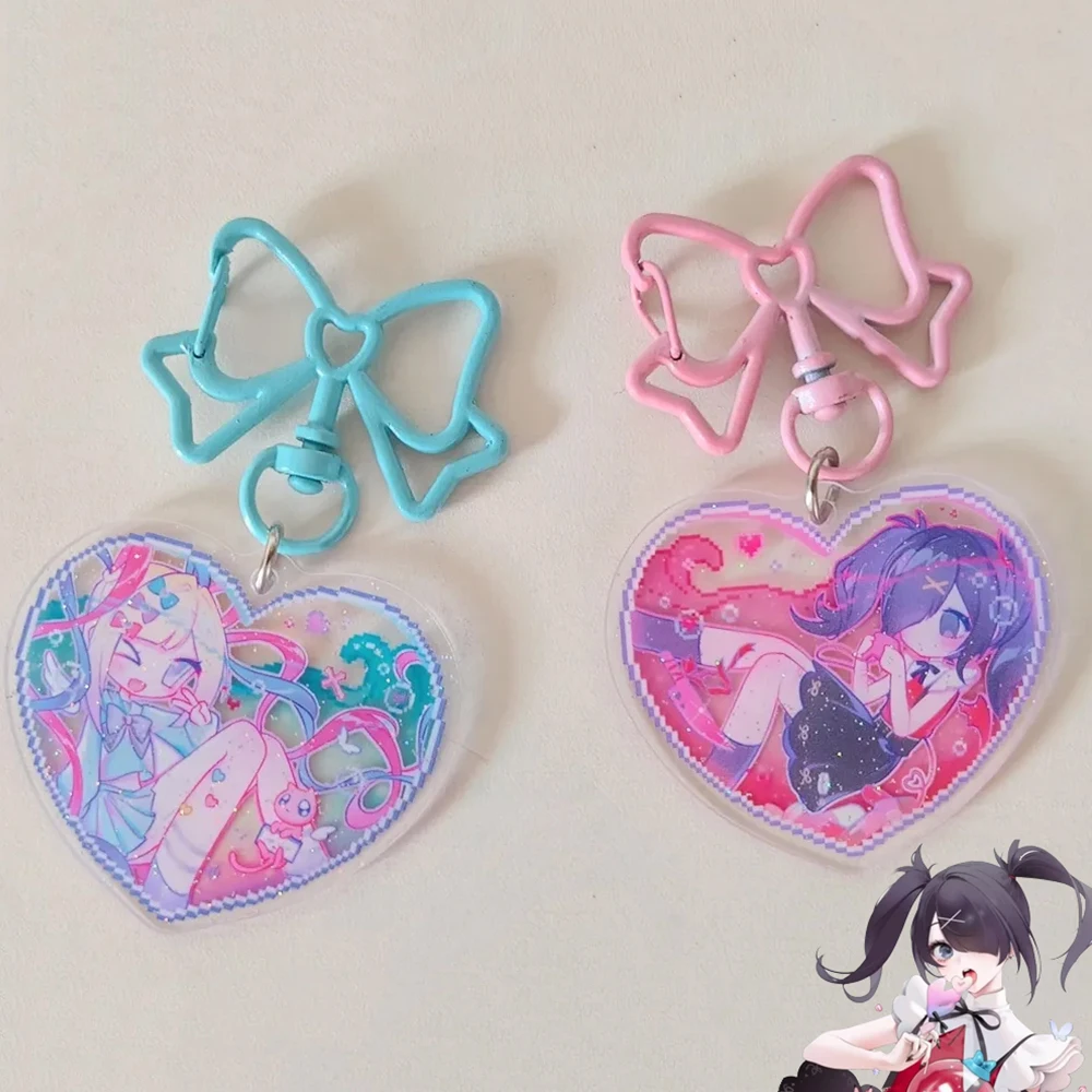 Game Cosplay Keychain Game NEEDY GIRL OVERDOSE Rain Ame KAnge Cosplay Keychain Acrylic Key Chain Cartoon Figure Heart Pendant Keyring Bag Accessories
