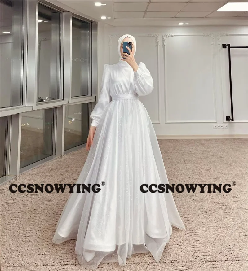 

White Full Sleeve Muslim Evening Gown Hijab Islamic Formal Party Dresses High Neck Women Wedding Arabic Robe De Soiree