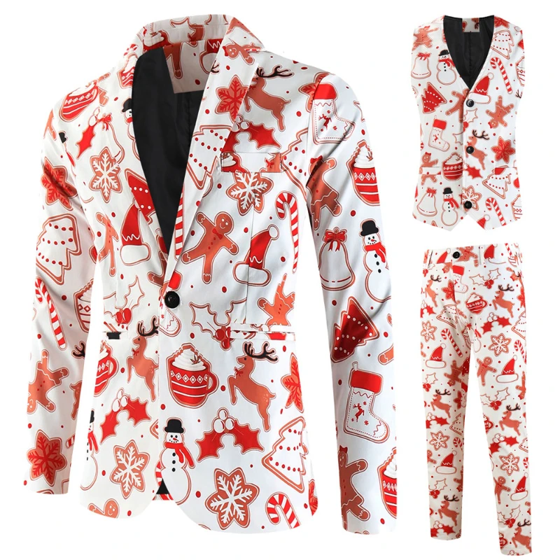 Merry Christmas Printed 3 Piece Suits Sets Men （ Blazers + Vest + Trousers ） Funny Xmas One Button Mens Blazer Set Plus Size 4XL