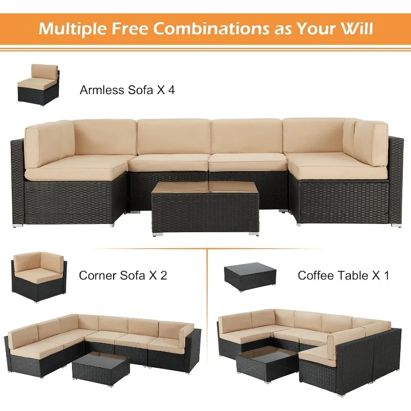 

7 Piece Outdoor Patio Furniture Set, Black PE Rattan Wicker Sofa Set, Outdoor Sectional Furniture Chair Set with Khaki Cushions