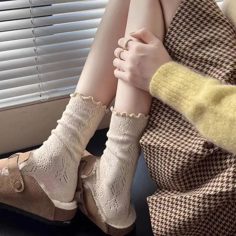 Autumn Women's Socks Lace Trim Hollow-Out Mesh Breathable Slouch Solid Color Instagram Style