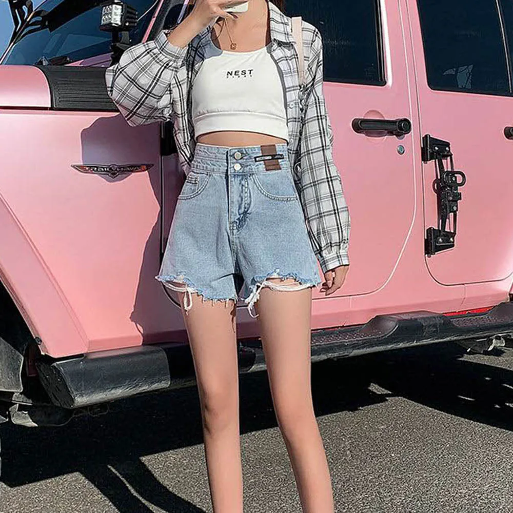High Waist Denim Shorts Invisible Open Crotch Outdoor Sex Female Summer Slimming Small A- line Wide Leg Hot Pants