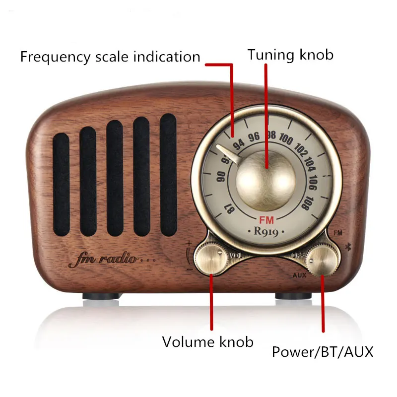 Vintage Stereo FM Radio Mega Bass SD MP3 Player Bluetooth Mini Portable  Wood Retro Built-in Battery Speaker USB Rechargeable AUX