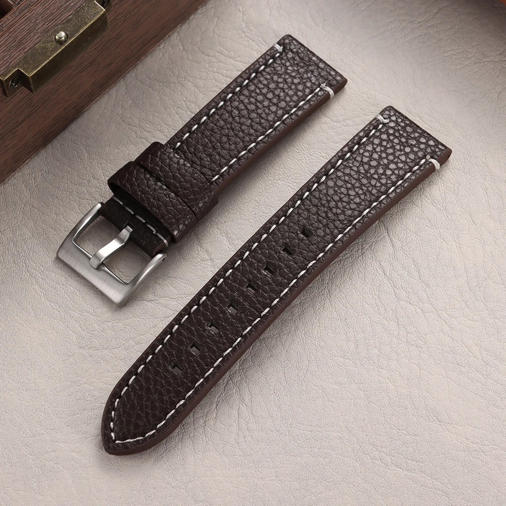 Luxury Lychee Pattern Leather Watch Band - Brown Bracelet with Elegant Stitching