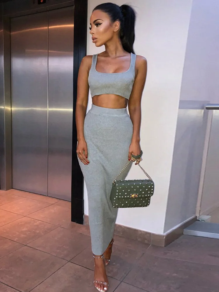 

Women summer clothes soild color casual crop tank tops long pencil skirt fitness skinny outfit suit two piece 2pc sets
