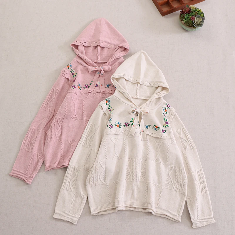 

Spring New Sweet Mori Embroidered Pullover Sweater Women Long Sleeve Hooded Sweater 23C29