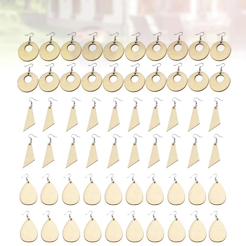 60Pcs Unfinished Wood Blank Earrings With Holes And Earrings Hooks For DIY Jewelry Making